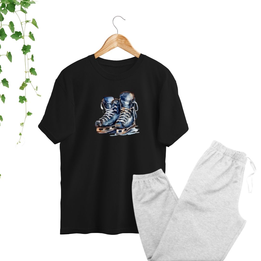 ensemble hockey tshirt noir patins et pantalon gris