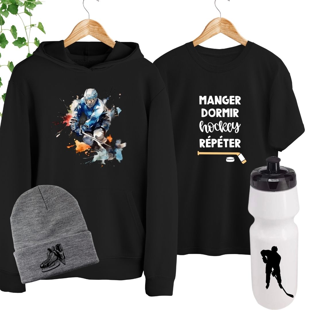 ensemble joueur hockey hoodie tshirt tuque bouteille eau